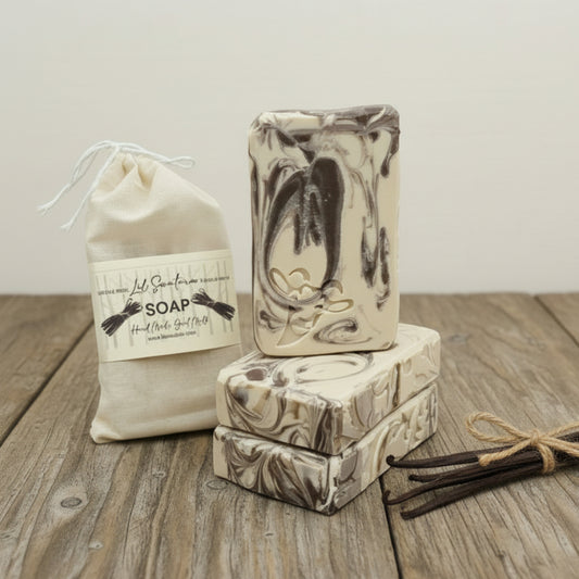 Creamy vanilla and soft birch woods in a handmade goat milk bar. A cozy winter scent.