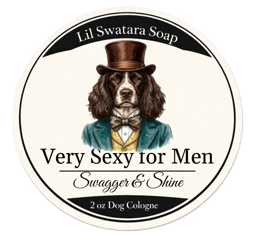 Dog freshening spray label with illustrated dog in red tie, Very Sexy scent, Lil Swatara Soap branding.