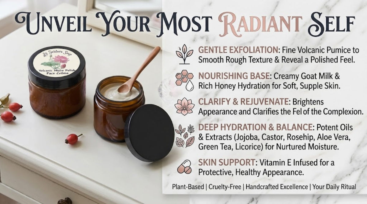Volcanic Micro Polish Face Crème Faith Collection benefits infographic showing volcanic pumice, goat milk, honey, aloe, green tea, licorice, jojoba, rosehip and vitamin E.