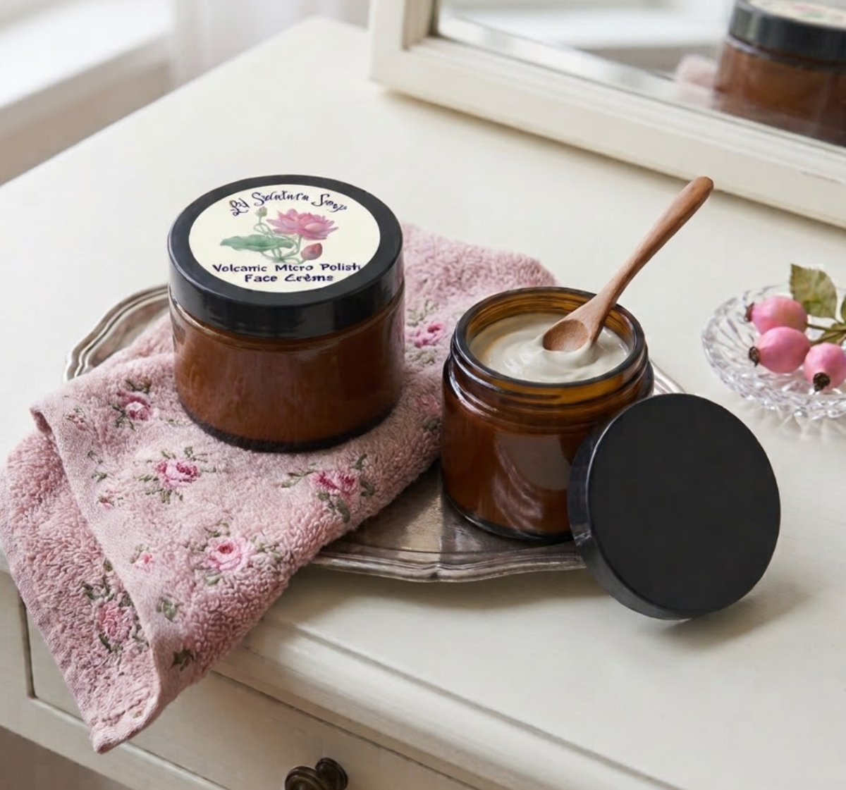 Volcanic Micro Polish Face Crème in amber glass jars with creamy goat milk facial polish displayed on a soft pink towel.