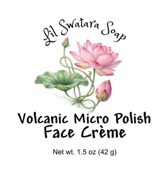Volcanic Micro Polish Face Crème Faith Collection round lid label with pink lotus artwork.