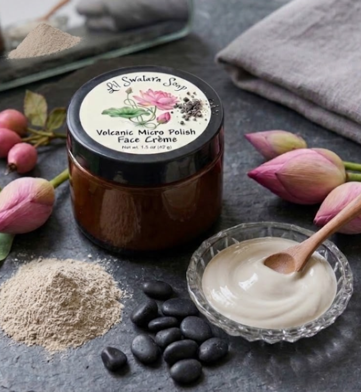 Benefits infographic for Volcanic Micro Polish Face Crème Faith Collection facial polish with goat milk, volcanic pumice and botanical extracts.