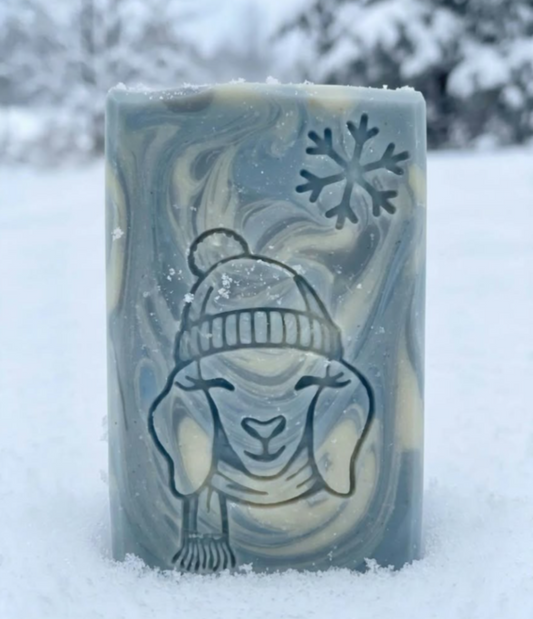 Winter goat wearing hat and scarf soap stamp for holiday soaps