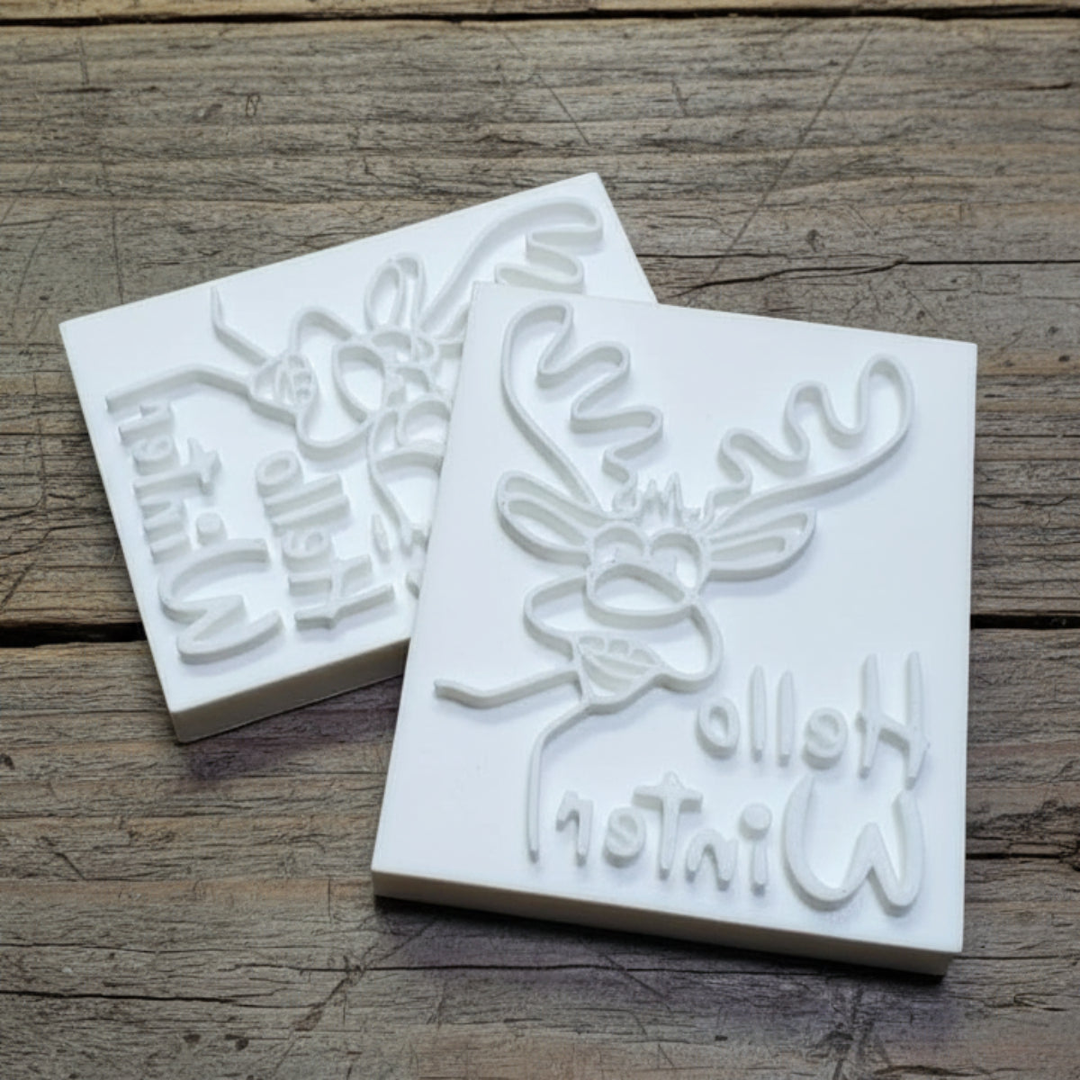 XL goofy deer winter Christmas holiday soap stamp, PLA design for crisp impressions on handmade soap.
