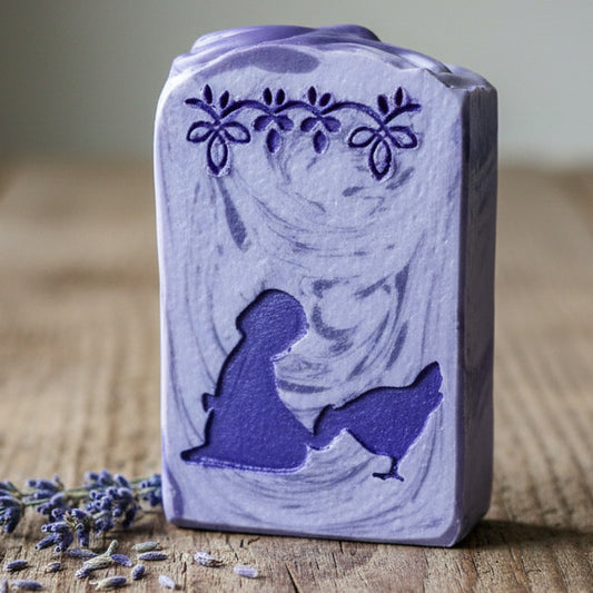 SOAP STAMP – Girl & Chicken Farm Barnyard Design creates crisp impressions featuring a farm girl and chicken, perfect for country and children’s handmade soaps.
